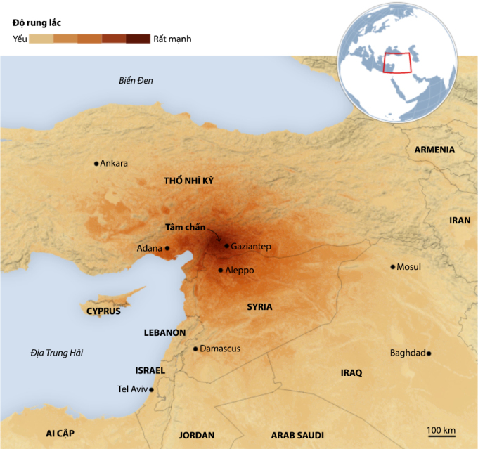 Vị trí tâm chấn trận động đất sáng 6/2. Đồ họa: USGS