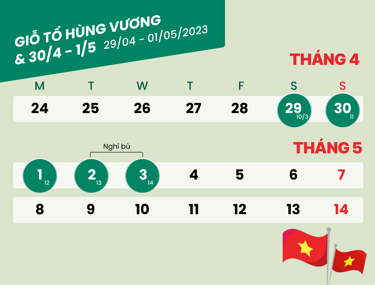 Lịch nghỉ Giỗ Tổ Hùng Vương, 30/4 và 1/5 năm 2023
