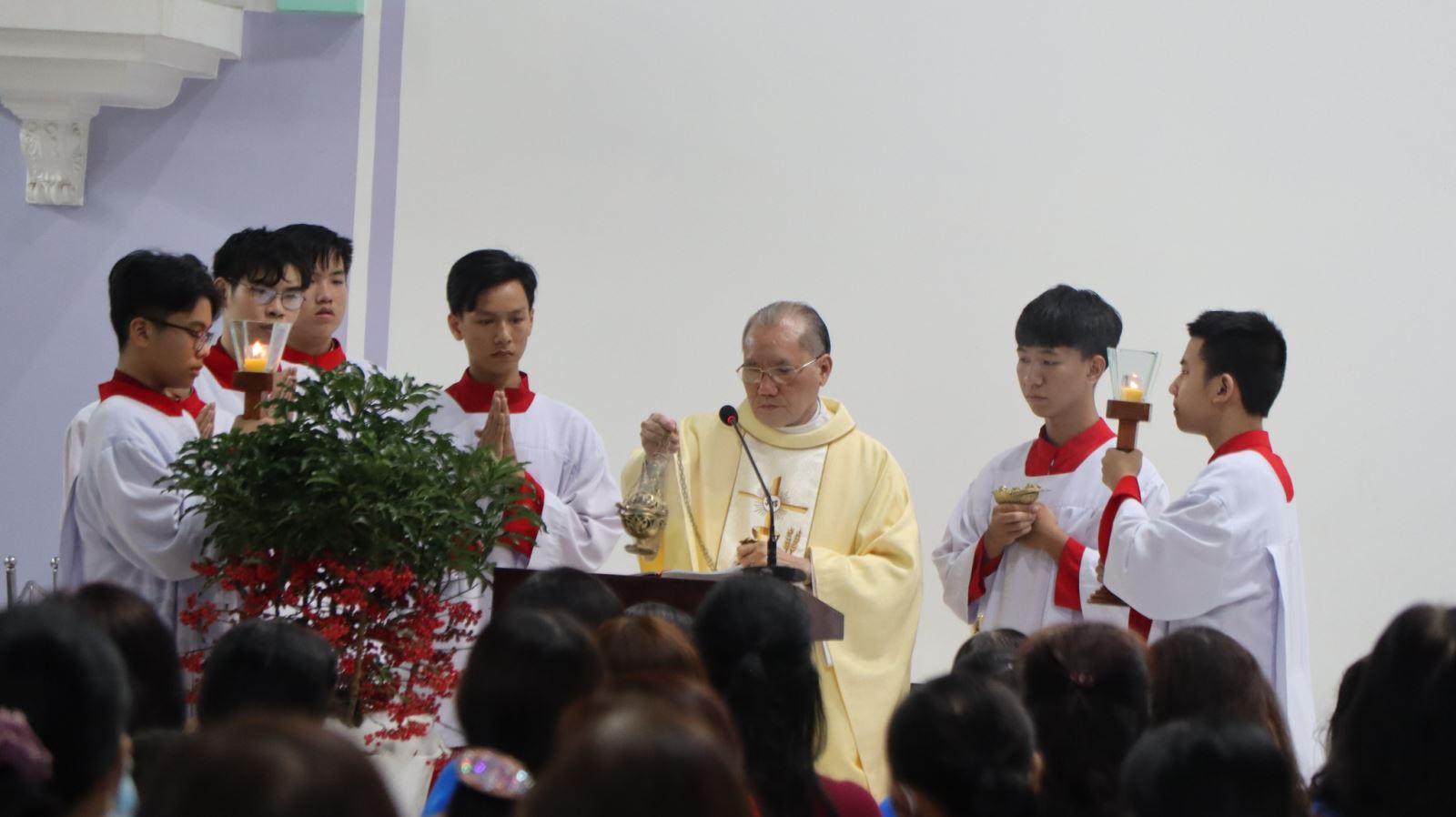 Linh mục Đaminh Vũ Đình Thái chủ sự một thánh lễ tại nhà thờ giáo xứ Nhân Hòa.
