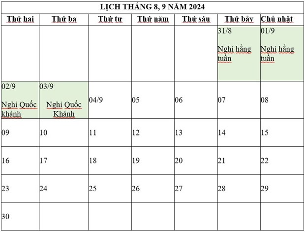 Phương án nghỉ lễ dịp Quốc khánh năm 2024.