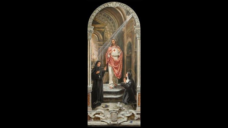 Thánh Tâm Chúa Giêsu cùng với Thánh Margarita Maria Alacoque (bên trái) và Thánh Francesca Saverio Cabrini (bên phải) (©Avdokushina Tatiana)